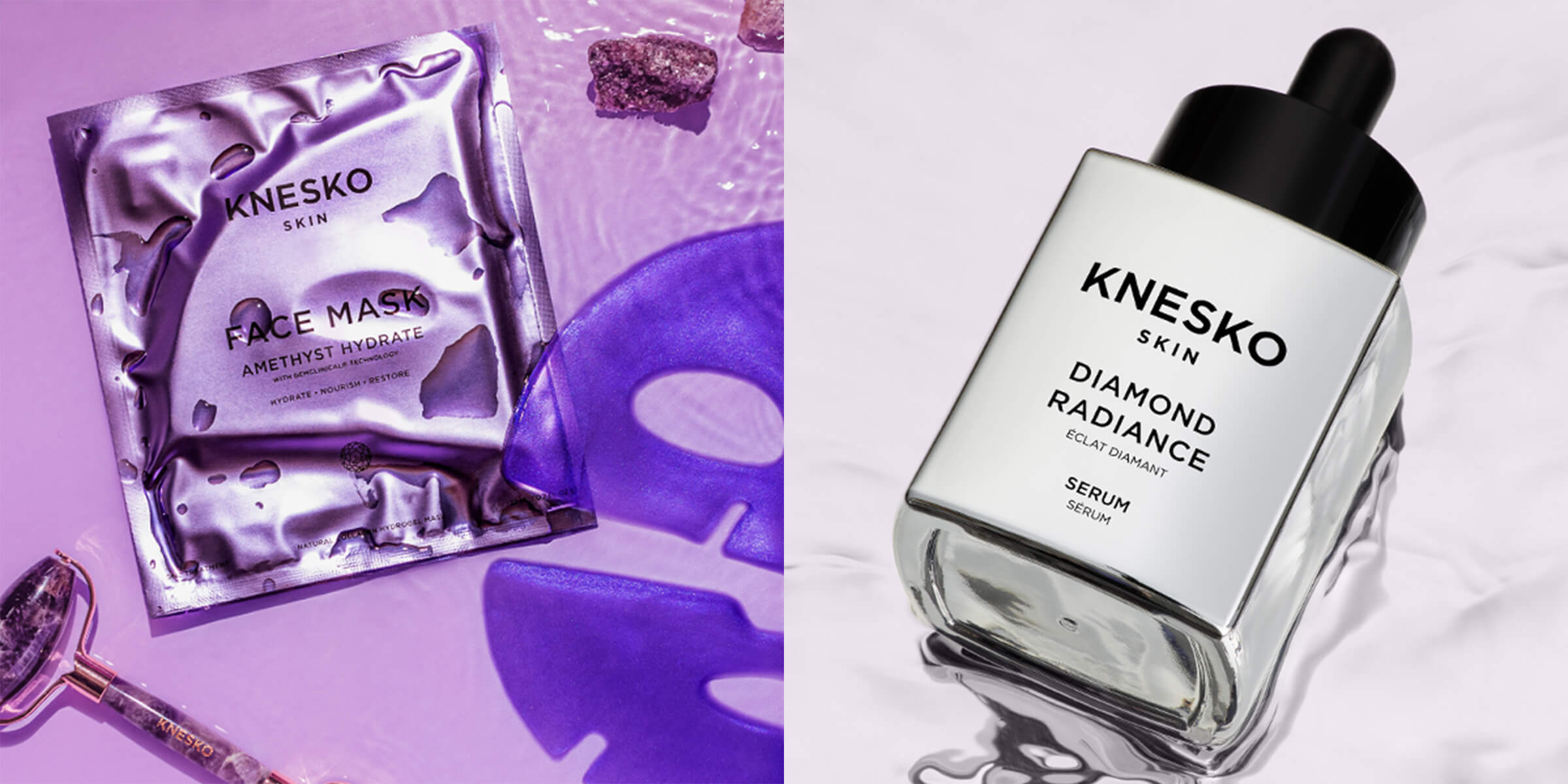 A Perfect Pair: Diamond Radiance Serum + Amethyst Hydrate Face Mask for Radiant, Hydrated Skin.