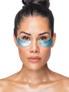 Woman wearing blue eye masks on a white background