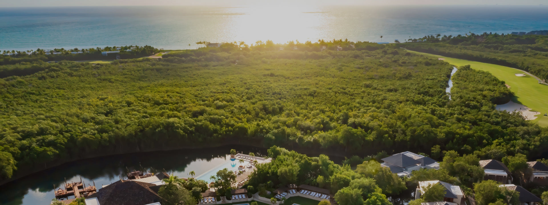 Aerial view of a lush green landscape with a pool and buildings near a body of water.