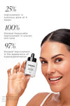 Smiling woman holding KNESKO Diamond Radiance Serum; clinical results show 25% improvement in luminous glow at 4 weeks, 100% showed measurable improvement in uneven skin tone, and 97% showed improvement in the appearance of hyperpigmentation.