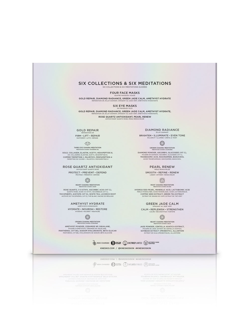 Product packaging with a list of six collections and six meditations on a white background