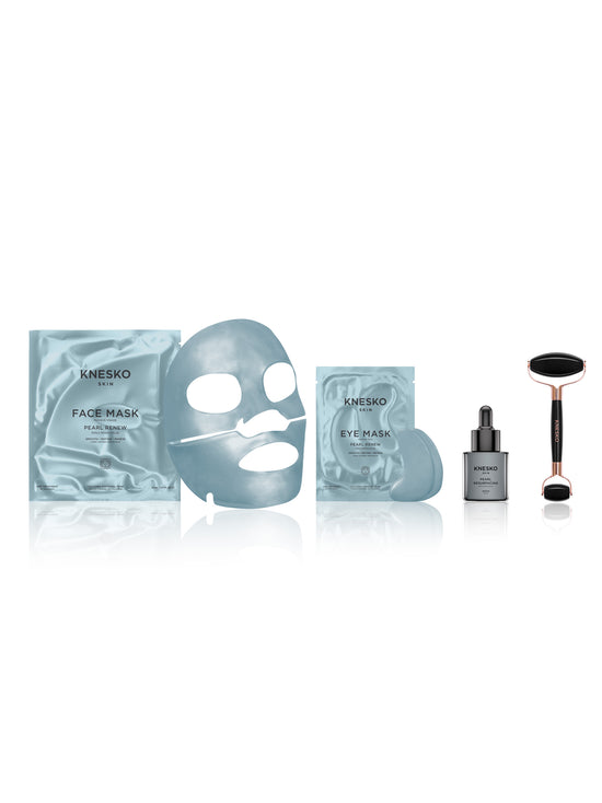 Knesko skincare products including face mask, eye mask, serum, and face roller on a white background