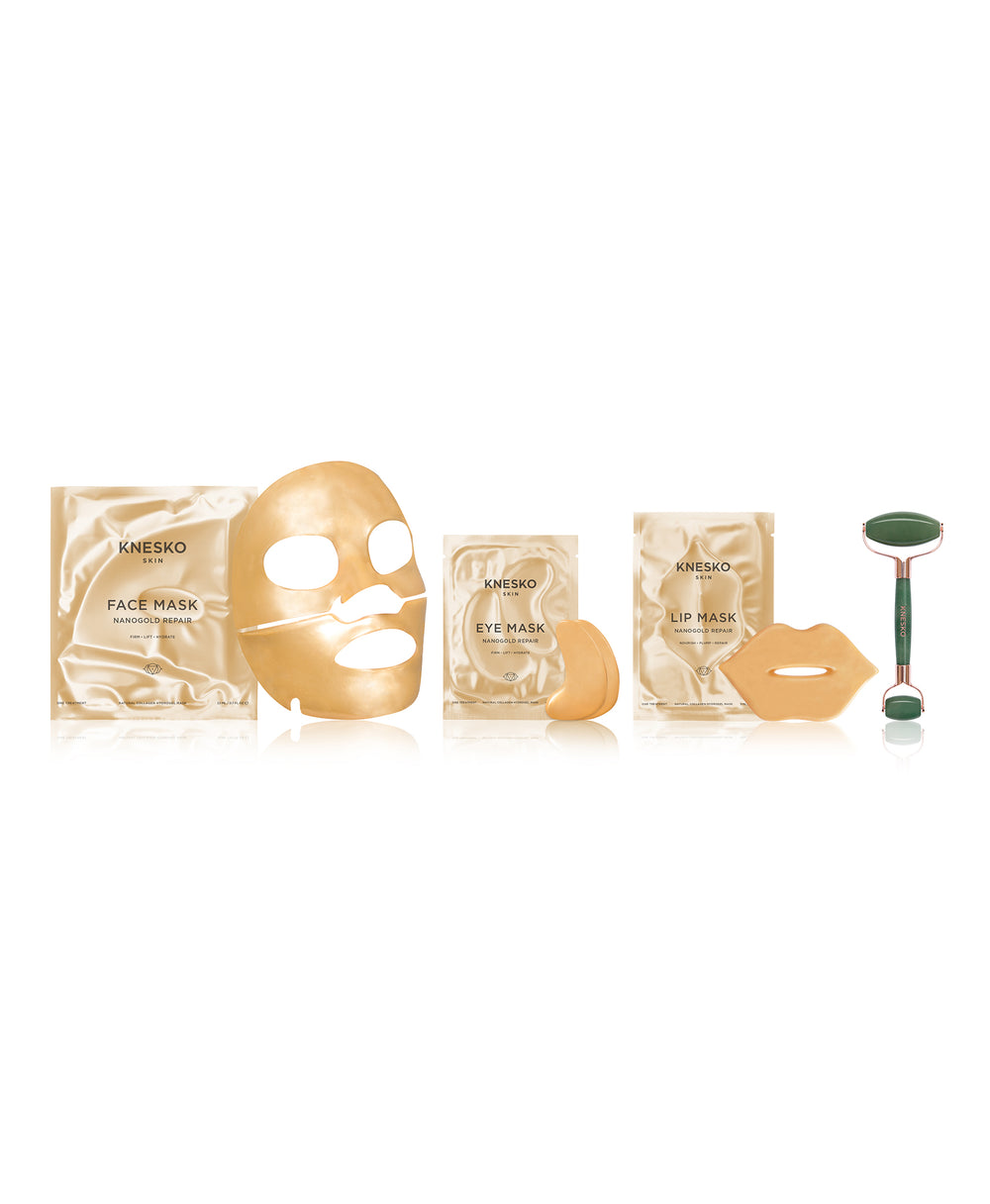 Nano Gold Repair Collagen Mask & Green Jade Gemstone Roller Set composition.