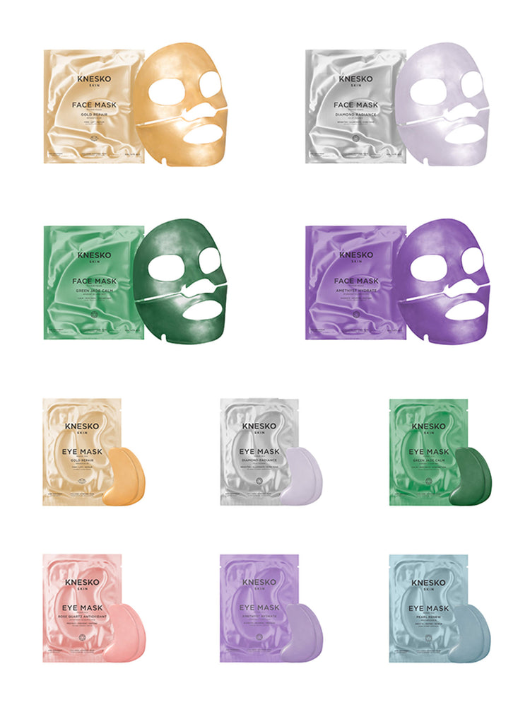 Collection of Knesko face and eye masks in various colors on a white background