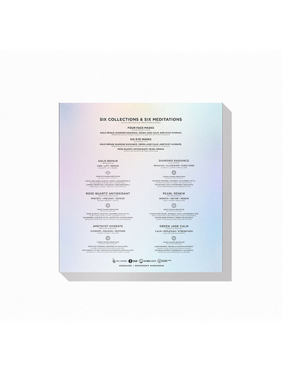 Product packaging with a list of six collections and six meditations on a gradient background