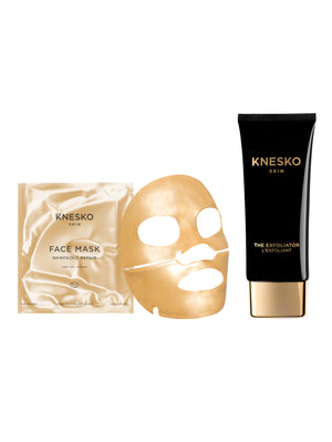 Knesko products including a face mask and exfoliator on a white background