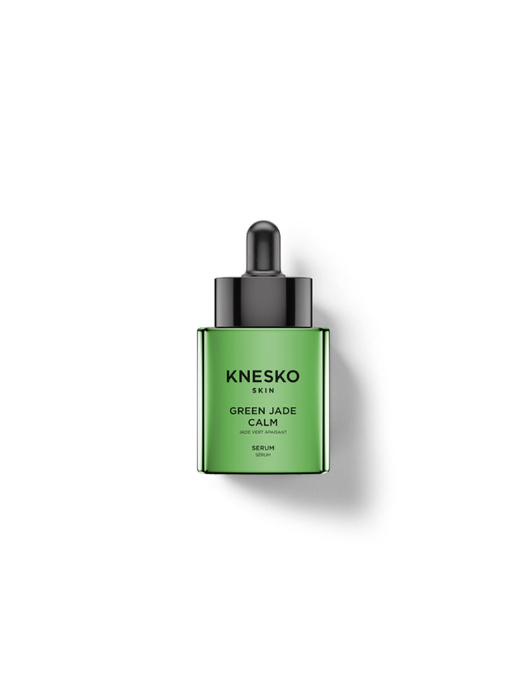 Knesko Skin Green Jade Calm Serum in a square green bottle with a black dropper cap, centered on a white background with a soft shadow.