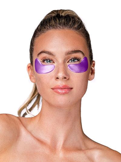 Woman wearing purple eye masks on a white background