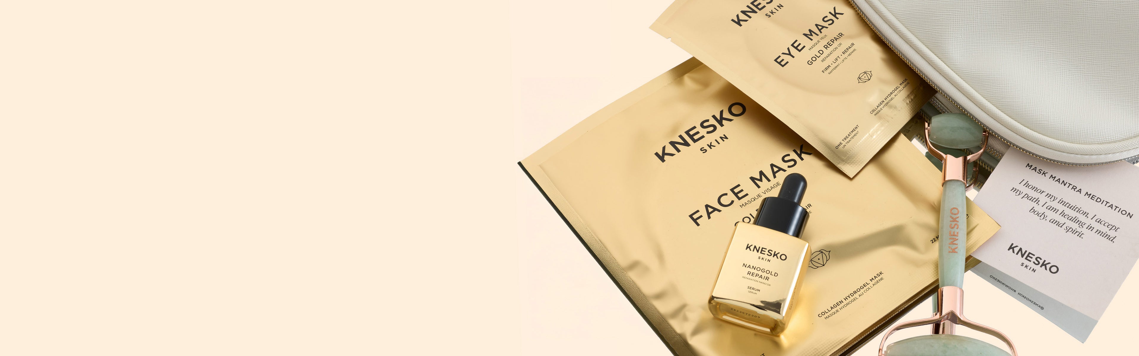 Kinesko skincare products including face mask, eye mask, and serum on a beige background