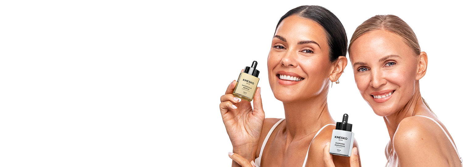 Two women holding Diamond Radiance Serum and Nanogold Repair Serum bottles.