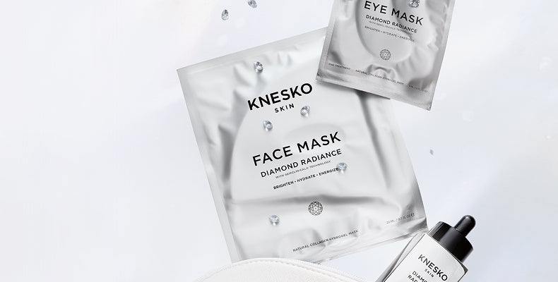Knesko skincare products including face mask and eye mask on a light gray background