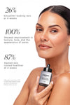 Woman holding KNESKO Black Pearl Resurfacing Serum; clinical results show 26% smoother-looking skin at 4 weeks, 100% showed improvement in texture, tone, and the appearance of pores, and 87% agreed skin looked healthier at 4 weeks.