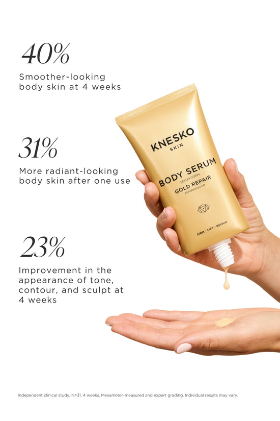 KNESKO Gold Repair Body Serum held above an open palm dispensing a drop; clinical results show 40% smoother-looking body skin at 4 weeks, 31% more radiant-looking body skin after one use, and 23% improvement in the appearance of tone, contour, and sculpt at 4 weeks.