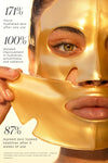 Close-up of a woman peeling back a KNESKO Gold Repair Face Mask in gold; clinical results show 171% more hydrated skin after one use, 100% showed improvement in hydration, smoothness, and radiance, and 87% agreed skin looked healthier after 4 weeks of use.
