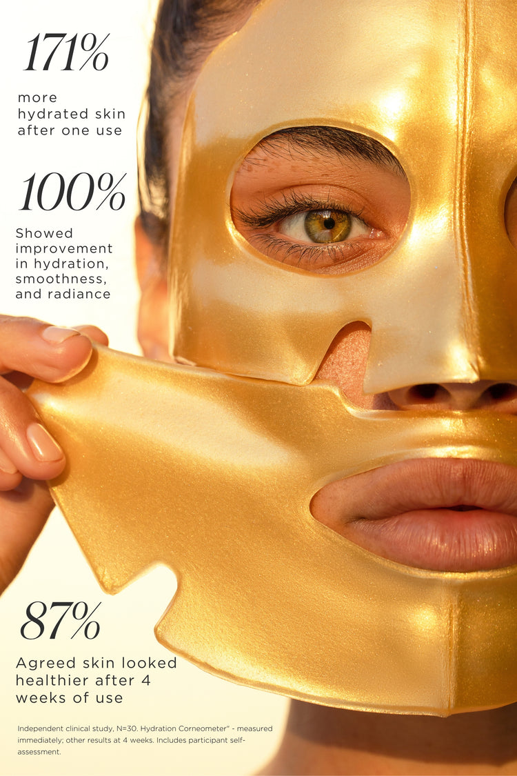 Close-up of a woman peeling back a KNESKO Gold Repair Face Mask in gold; clinical results show 171% more hydrated skin after one use, 100% showed improvement in hydration, smoothness, and radiance, and 87% agreed skin looked healthier after 4 weeks of use.