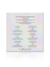 Product packaging with a list of six collections and six meditations on a white background