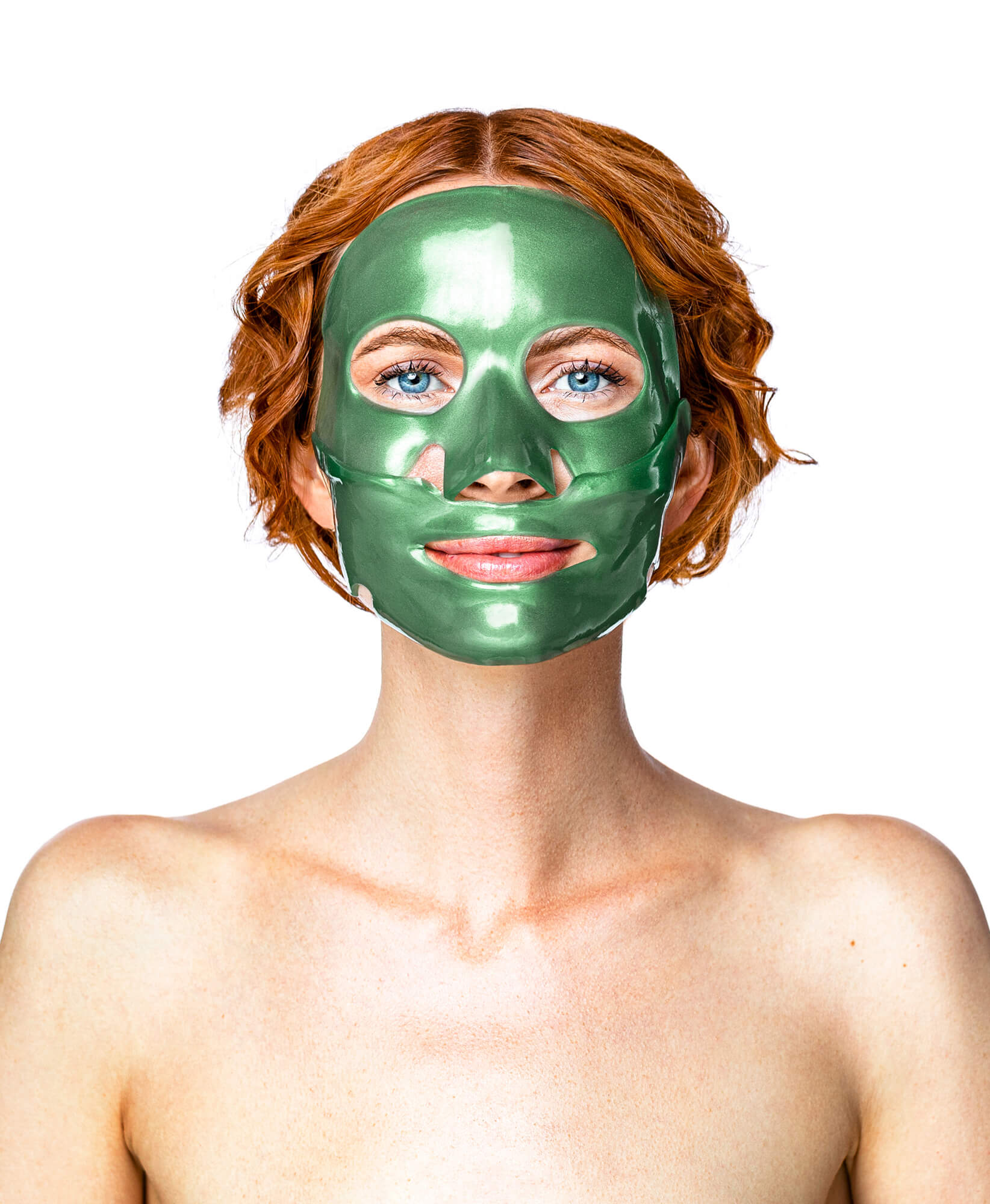woman wearing a green jade collagen mask