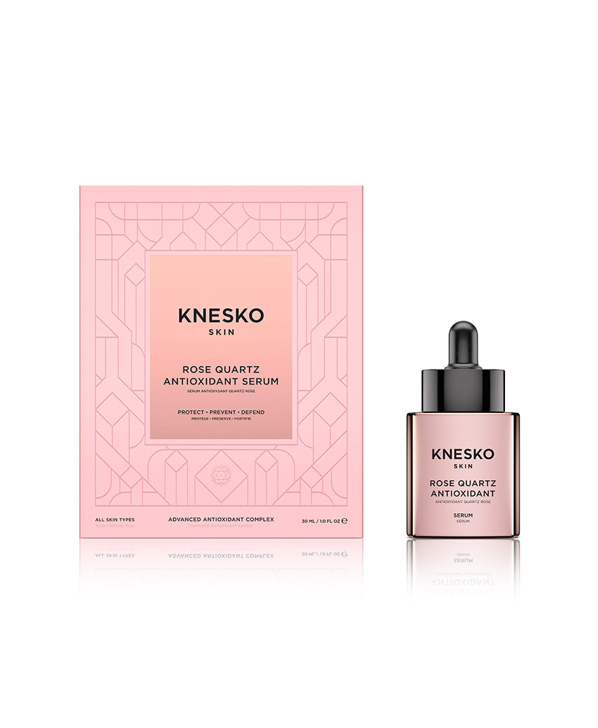 pink serum bottle that says knesko skin rose quartz antioxidant serum next to its box.