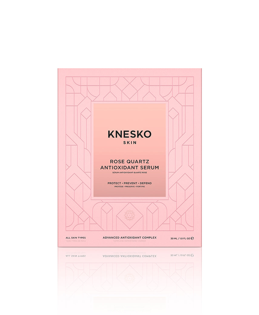 box for pink serum that says knesko skin rose quartz antioxidant serum.