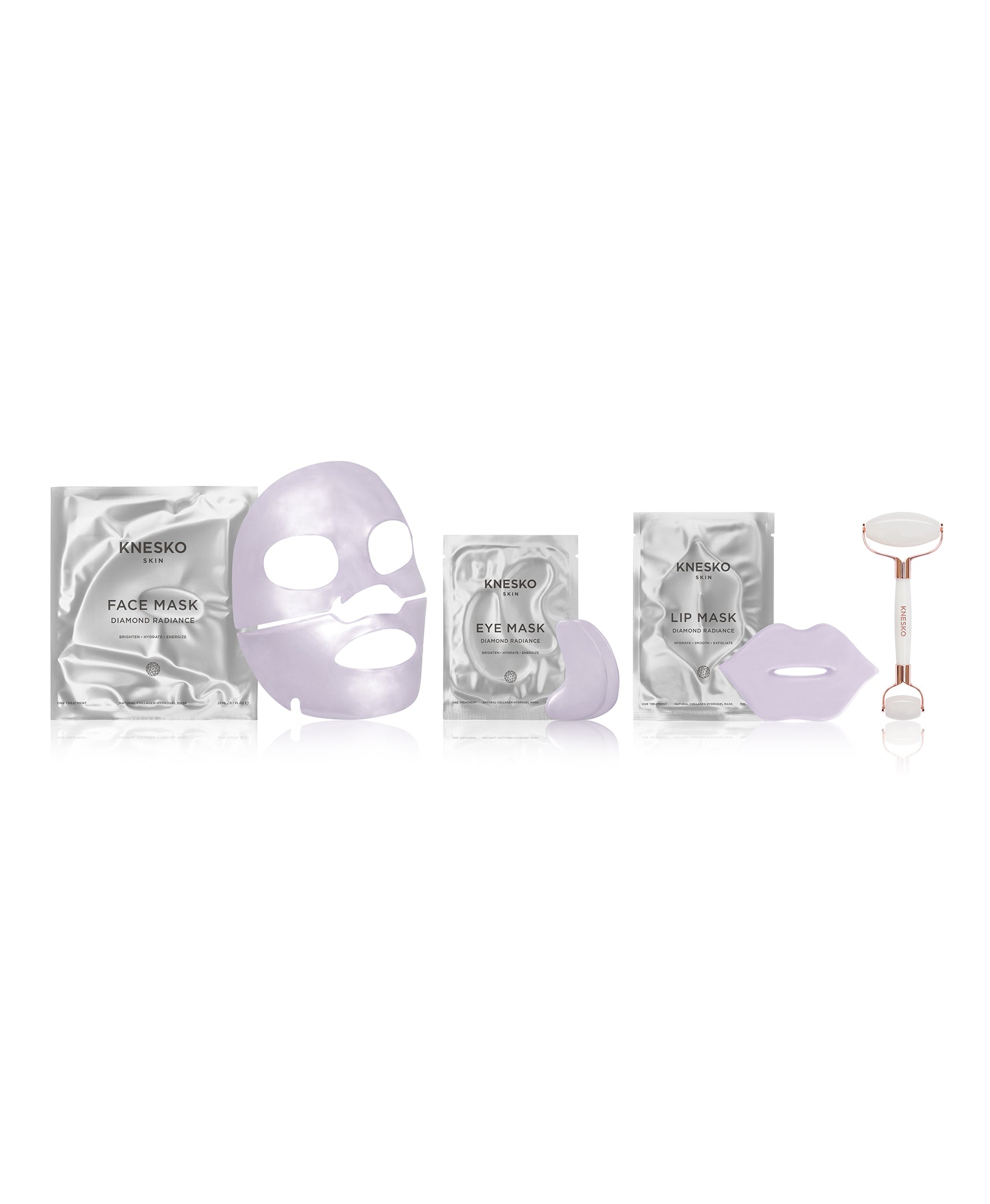 Diamond Radiance Collagen Mask & White Jade Gemstone Roller Discovery Kit inclusions.