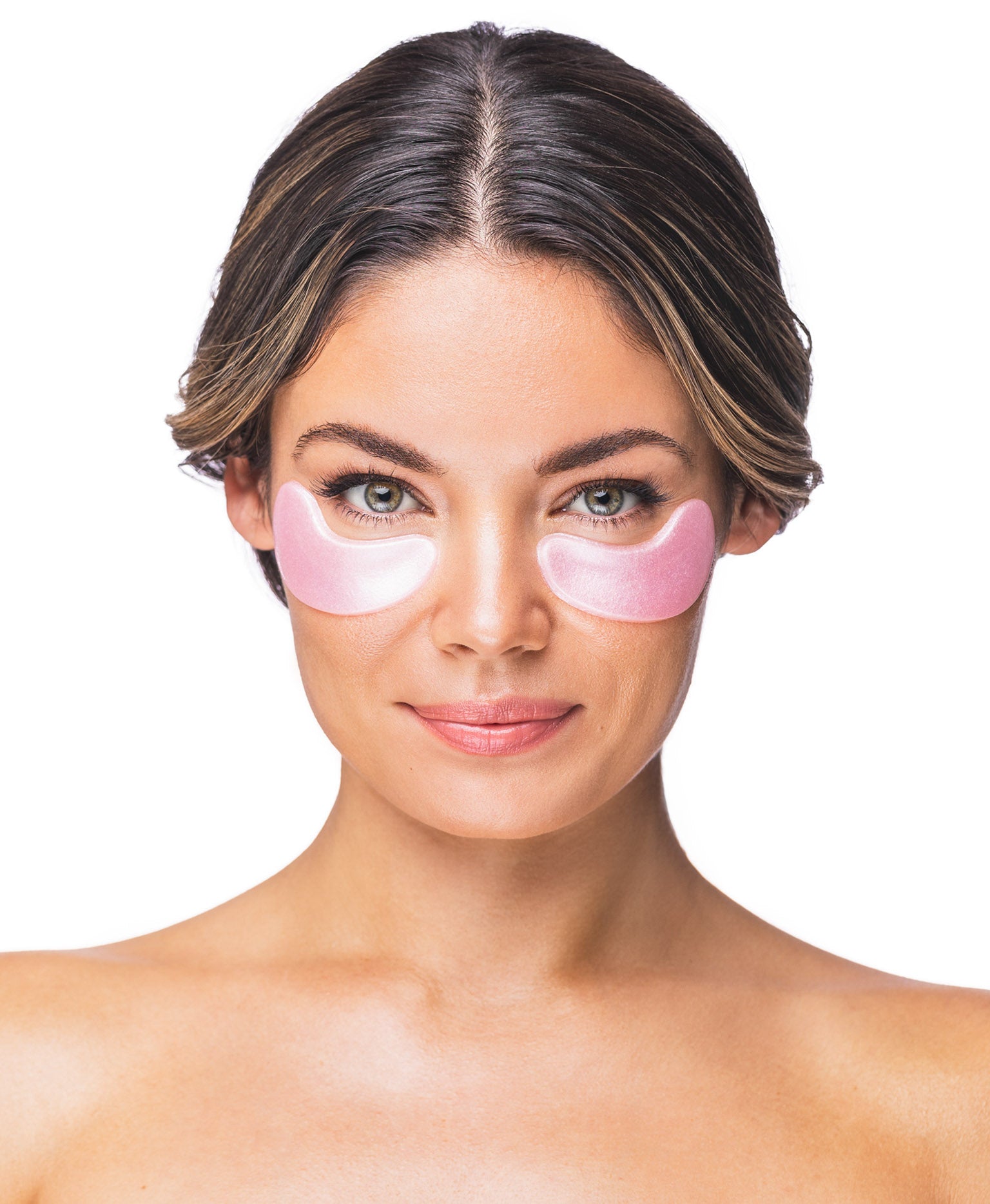 A woman using the Rose Quartz Antioxidant Collagen Eye Mask.