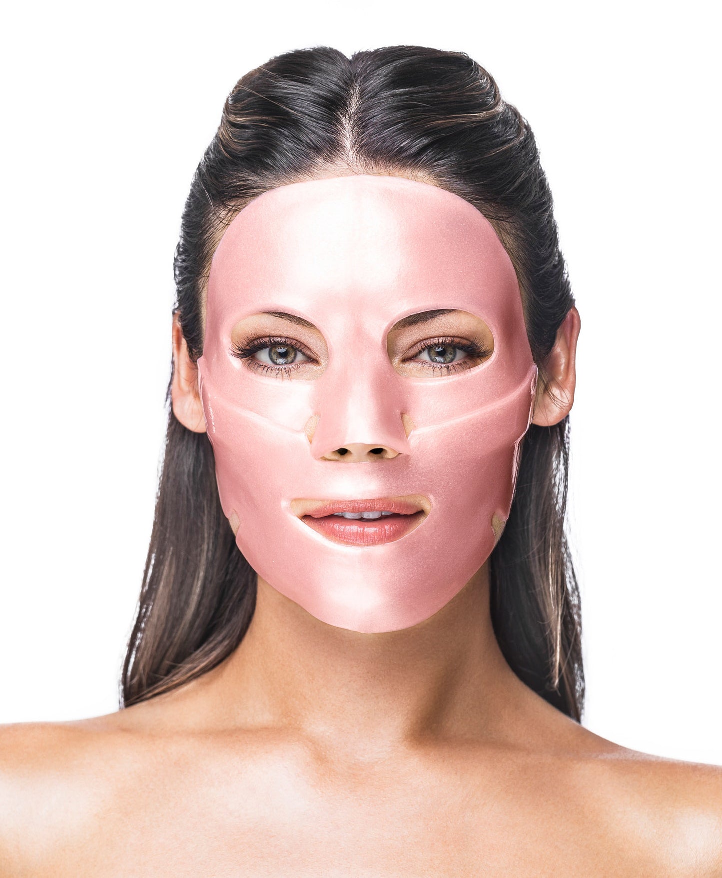 A woman using a Rose Quartz Antioxidant Collagen Face Mask.