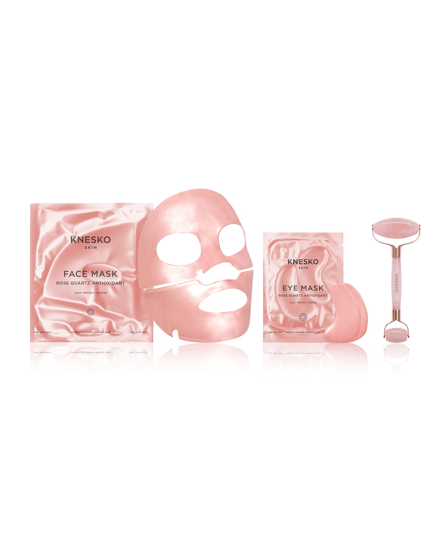 Rose Quartz Antioxidant Collagen Mask & Rose Quartz Roller Set composition.
